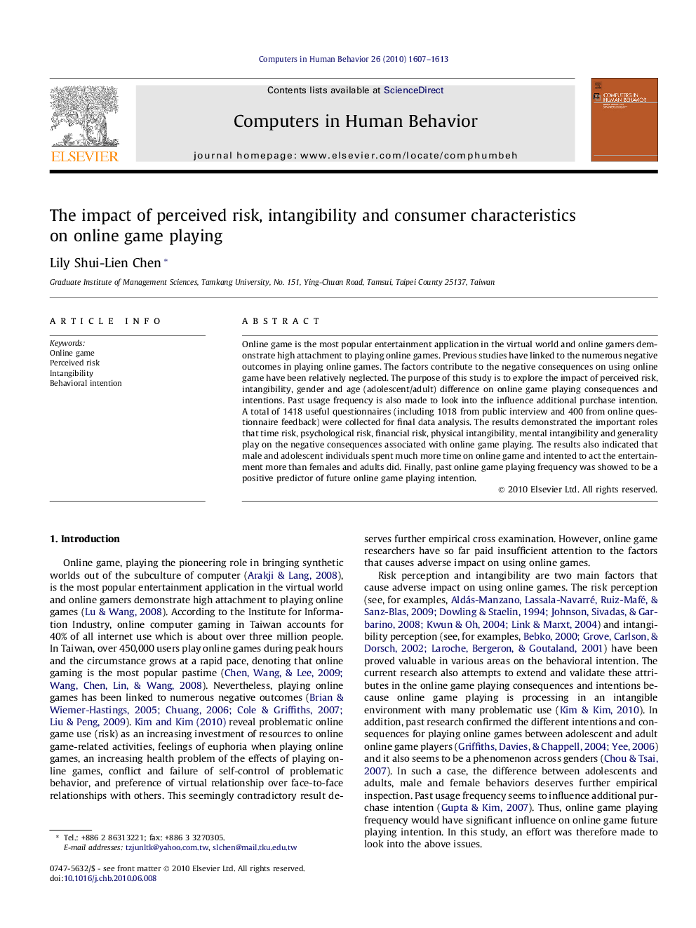 The impact of perceived risk, intangibility and consumer characteristics on online game playing