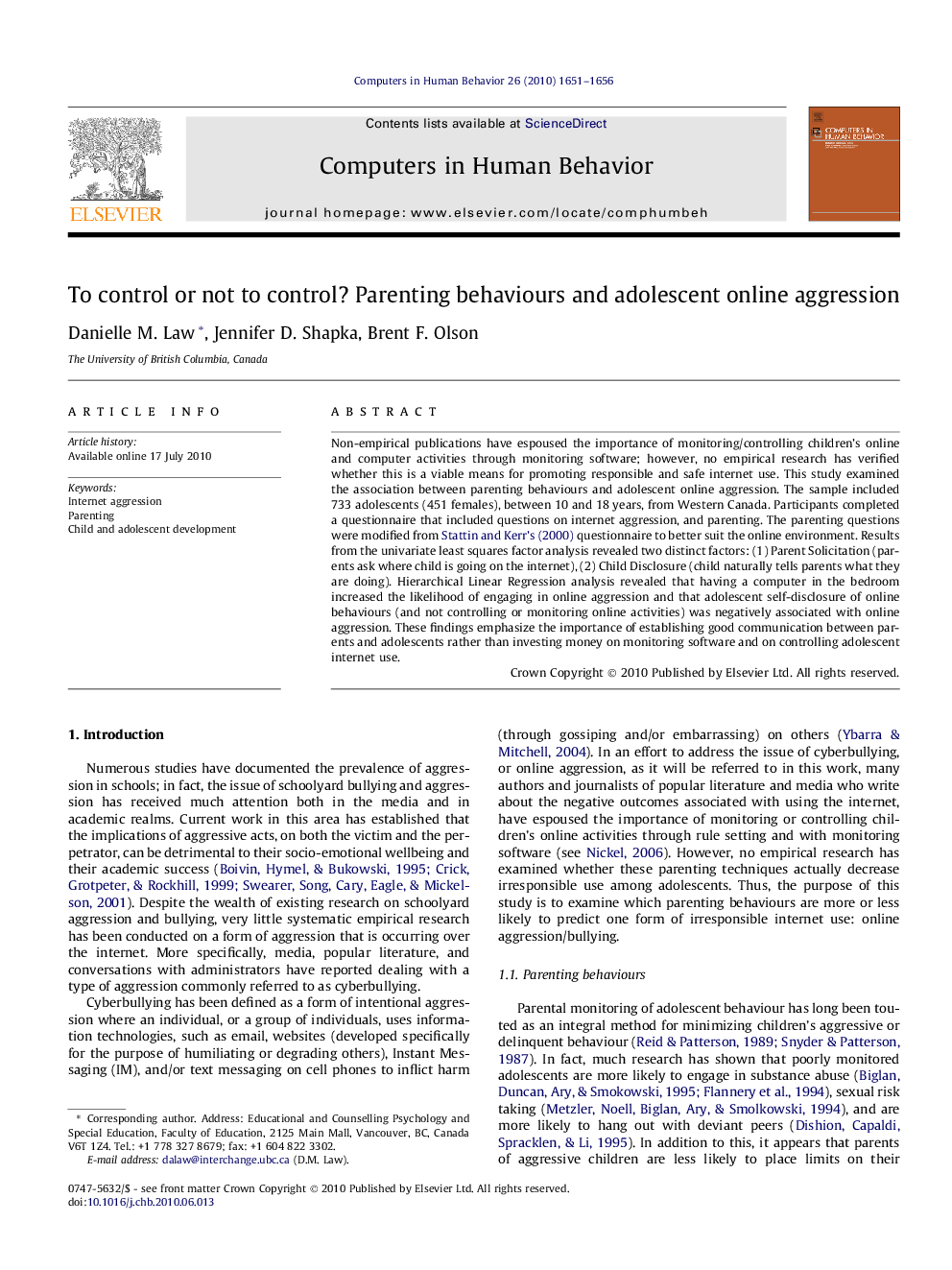 To control or not to control? Parenting behaviours and adolescent online aggression