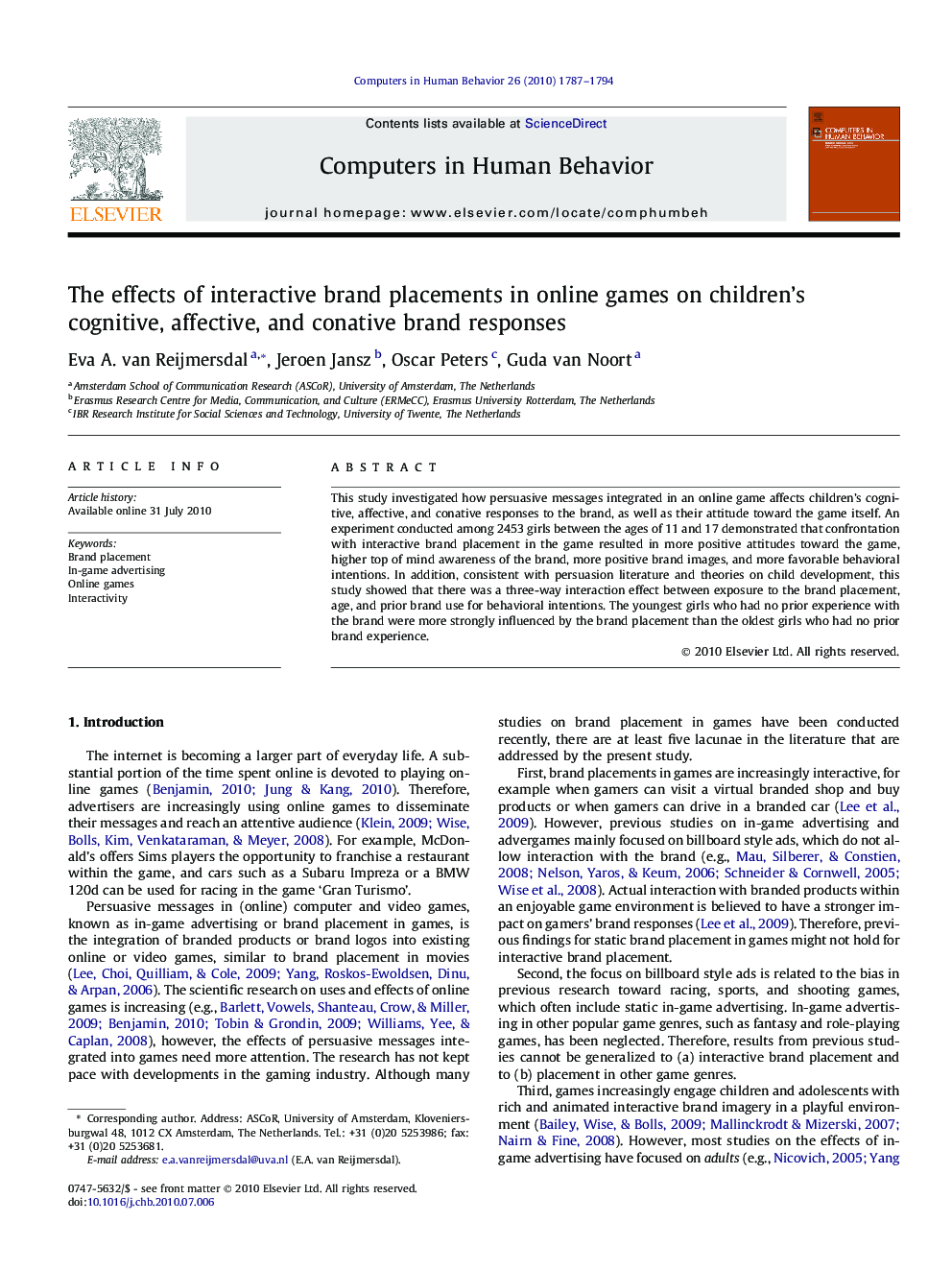 The effects of interactive brand placements in online games on children’s cognitive, affective, and conative brand responses