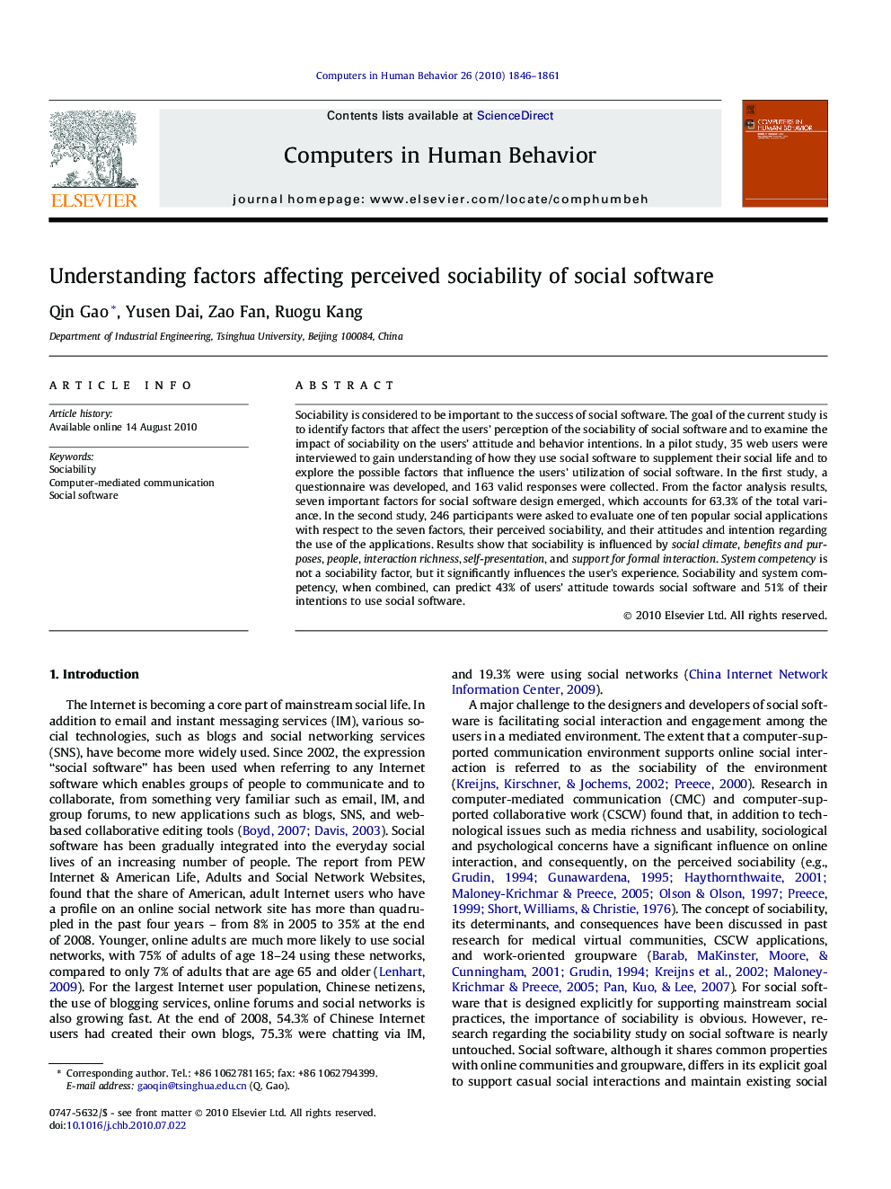 Understanding factors affecting perceived sociability of social software