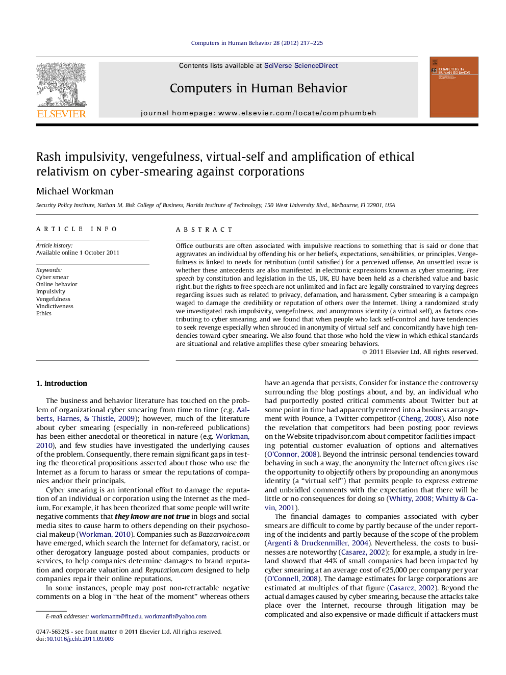 Rash impulsivity, vengefulness, virtual-self and amplification of ethical relativism on cyber-smearing against corporations