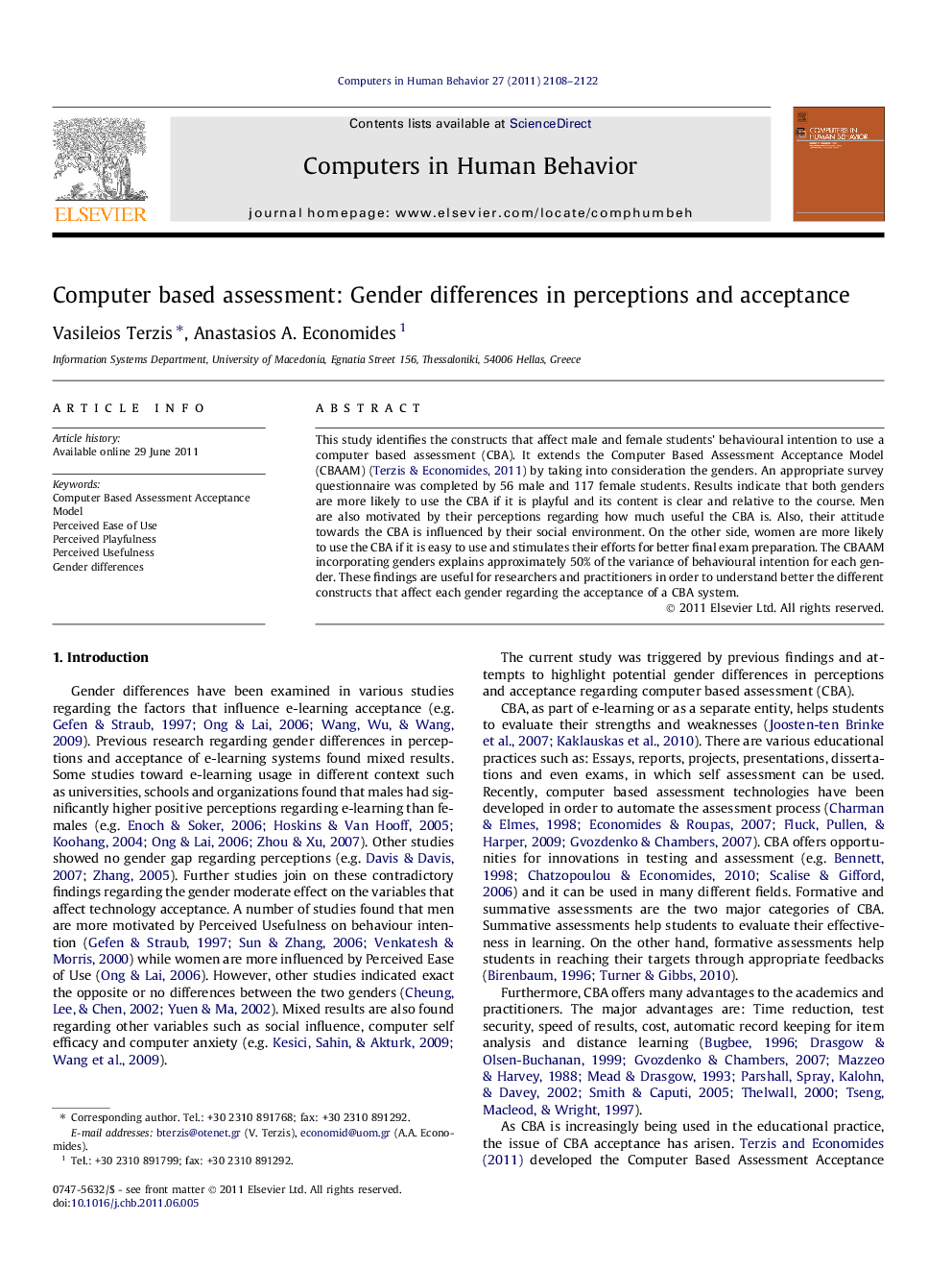 Computer based assessment: Gender differences in perceptions and acceptance