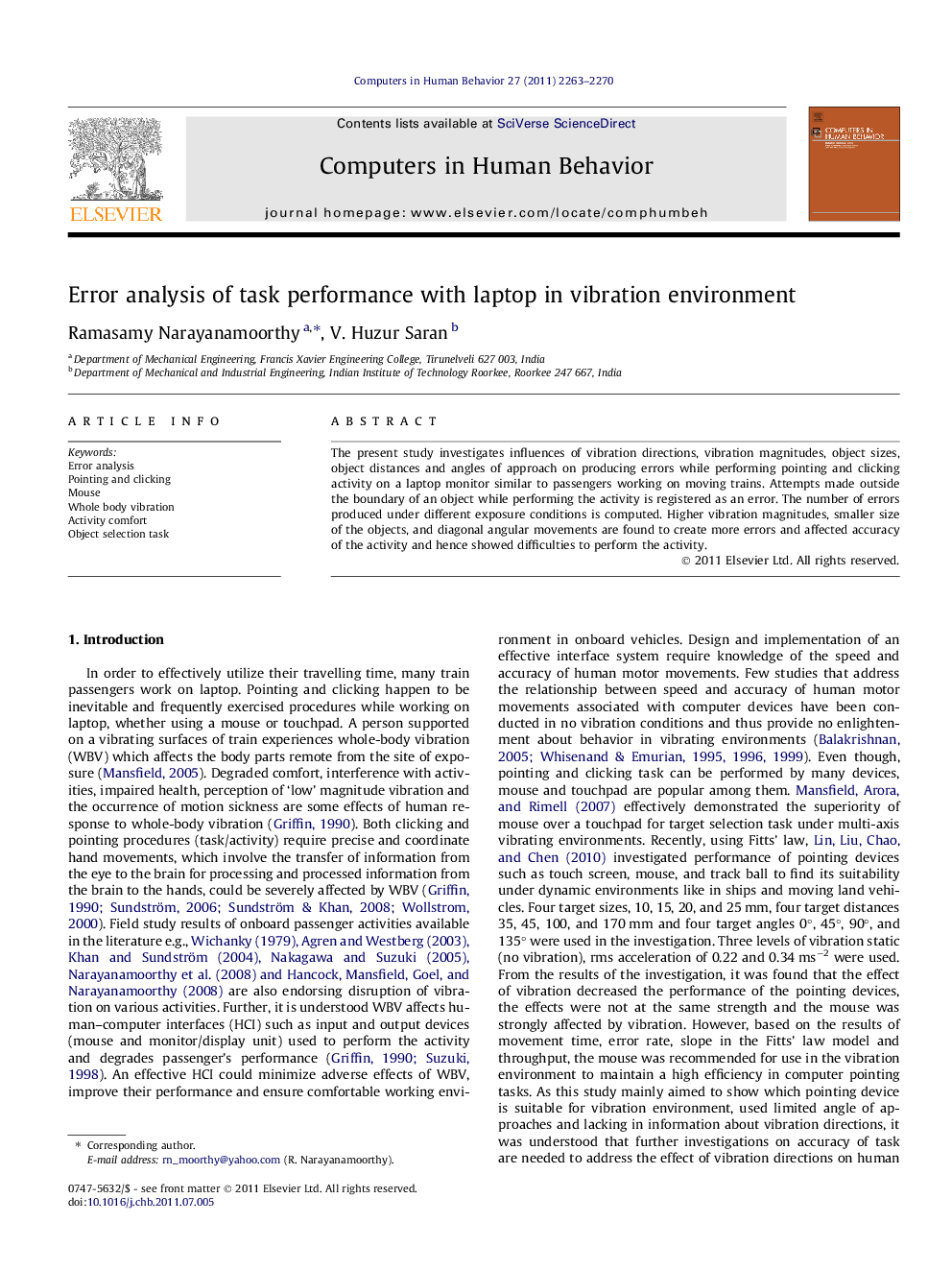 Error analysis of task performance with laptop in vibration environment