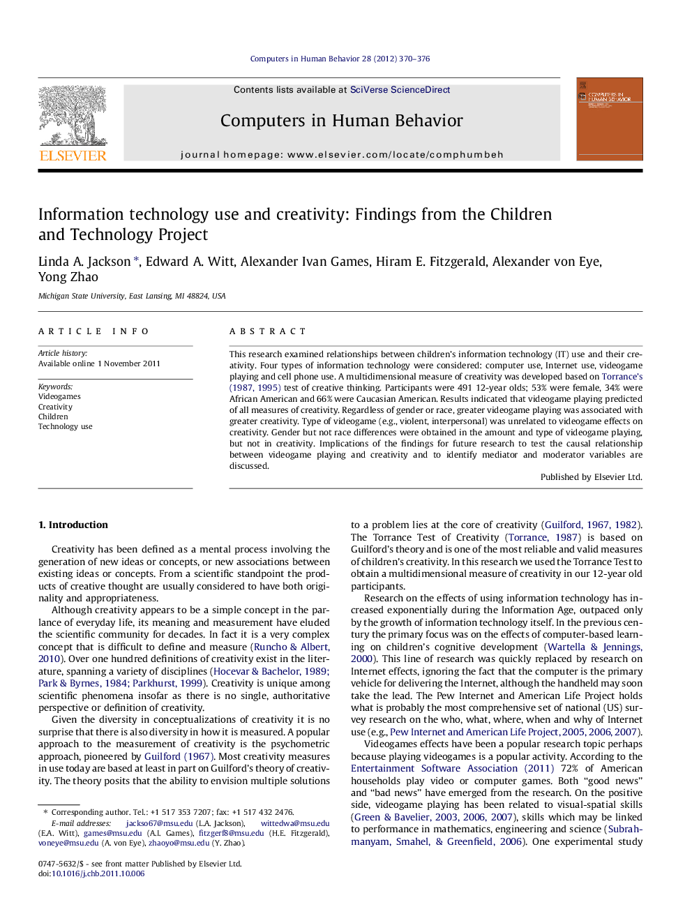 Information technology use and creativity: Findings from the Children and Technology Project