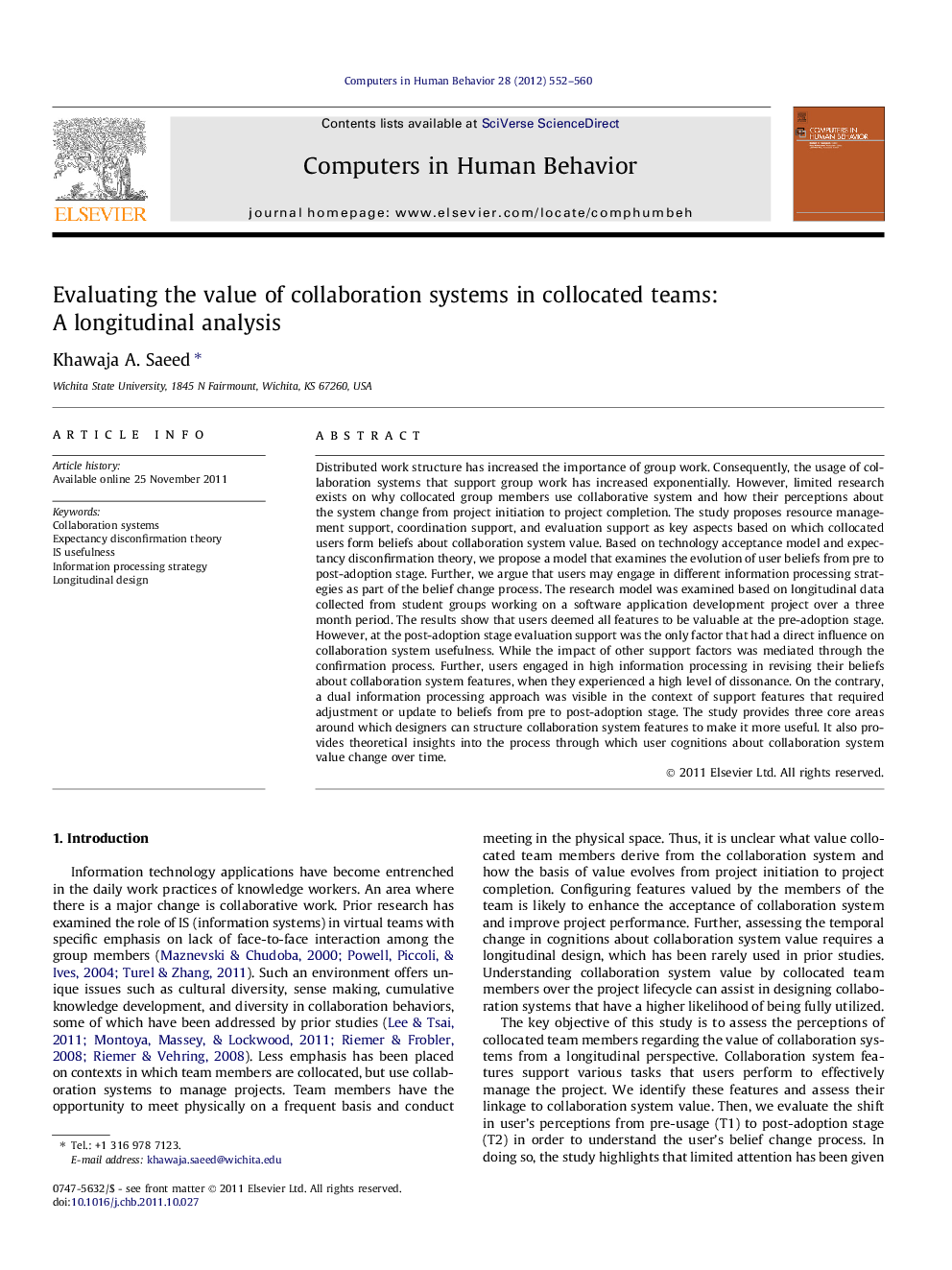 Evaluating the value of collaboration systems in collocated teams: A longitudinal analysis