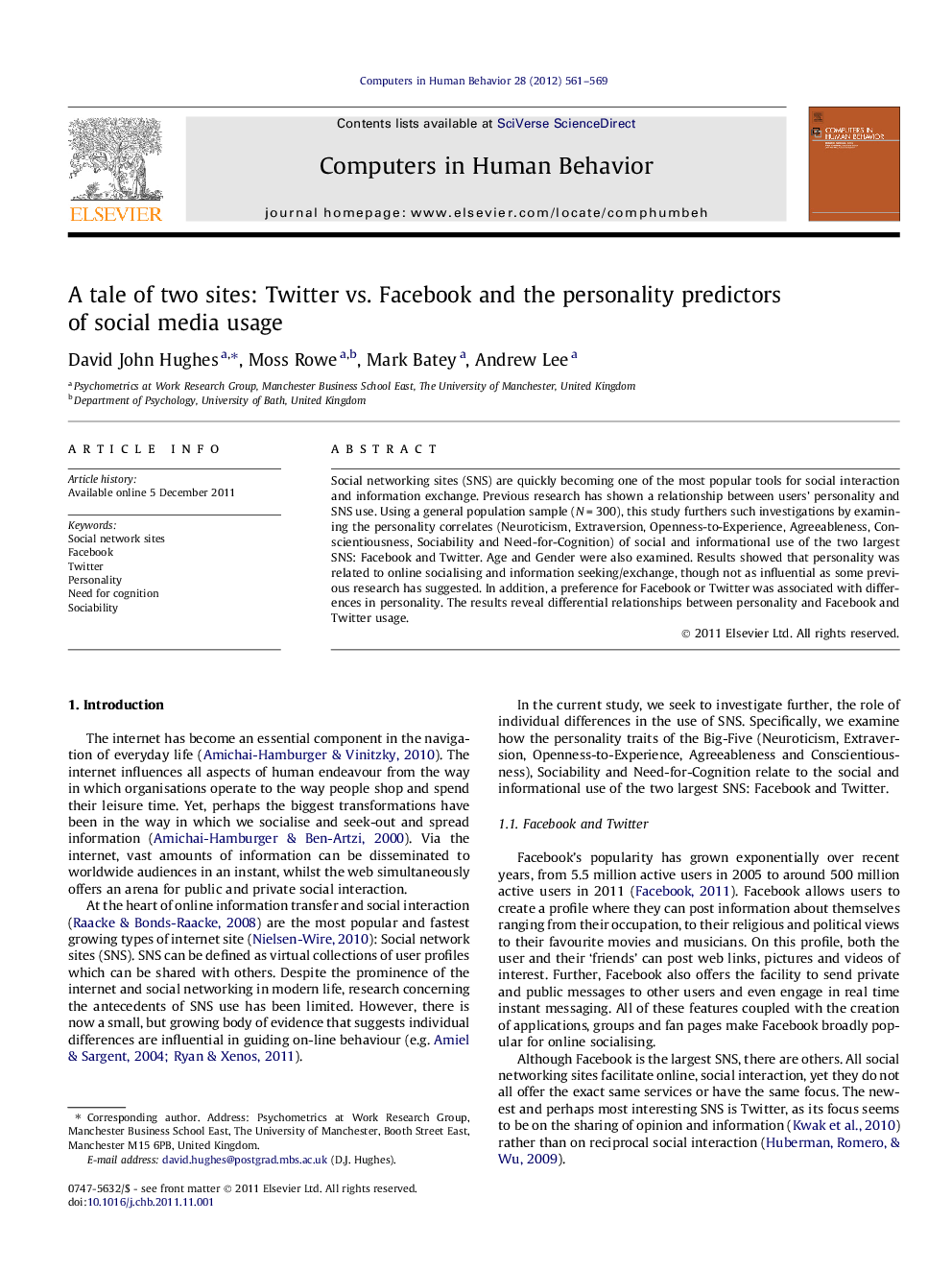 A tale of two sites: Twitter vs. Facebook and the personality predictors of social media usage