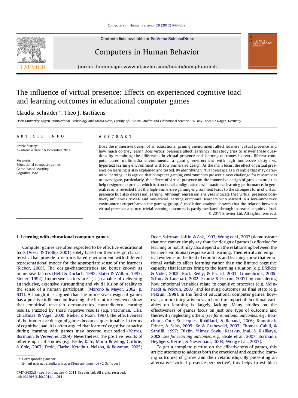 عکس صفحه اول مقاله: The influence of virtual presence: Effects on experienced cognitive load and learning outcomes in educational computer games The influence of virtual presence: Effects on experienced cognitive load and learning outcomes in educational computer games