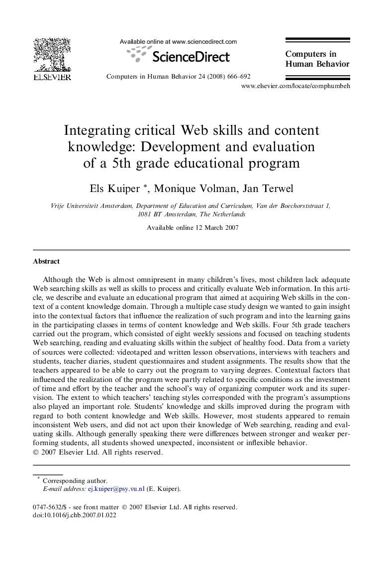 Integrating critical Web skills and content knowledge: Development and evaluation of a 5th grade educational program