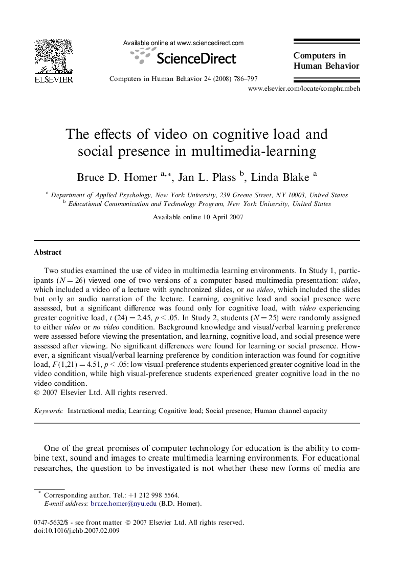 The effects of video on cognitive load and social presence in multimedia-learning