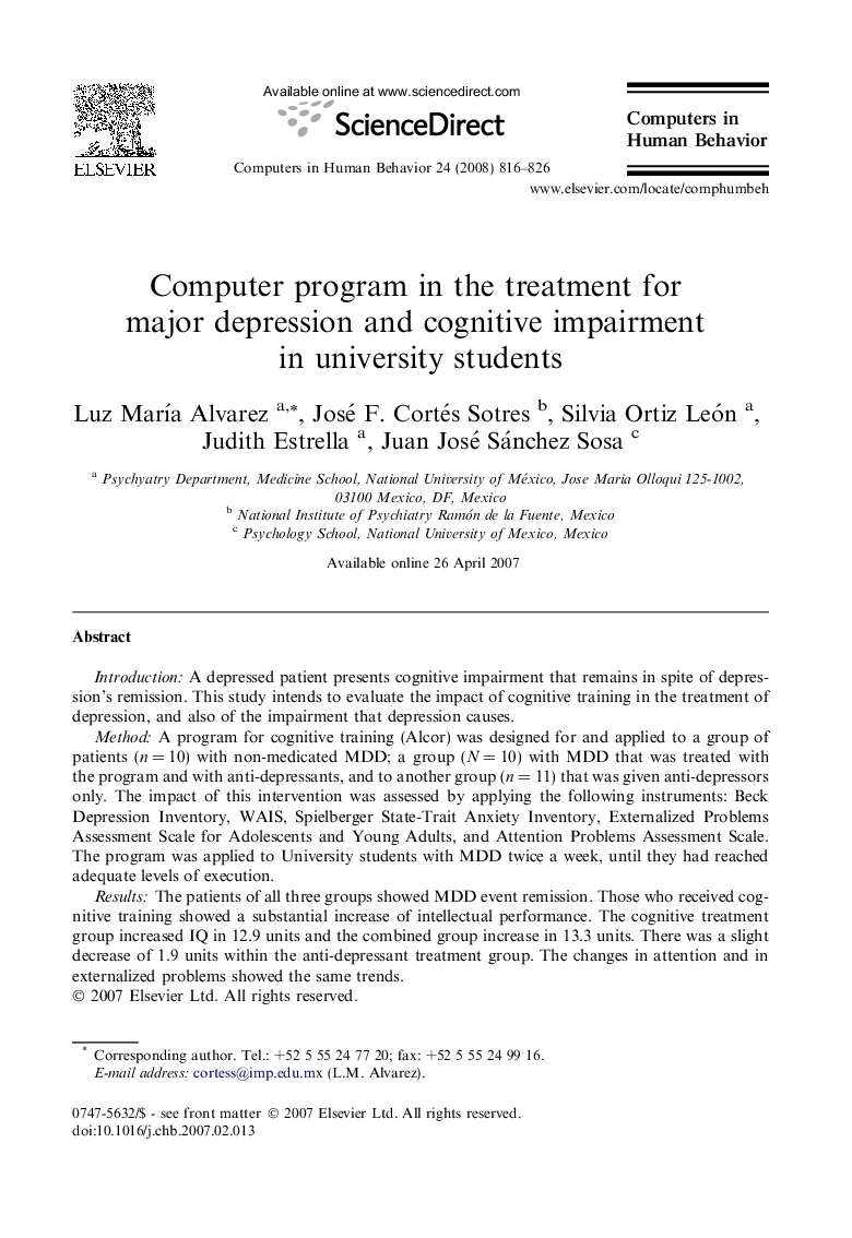 Computer program in the treatment for major depression and cognitive impairment in university students