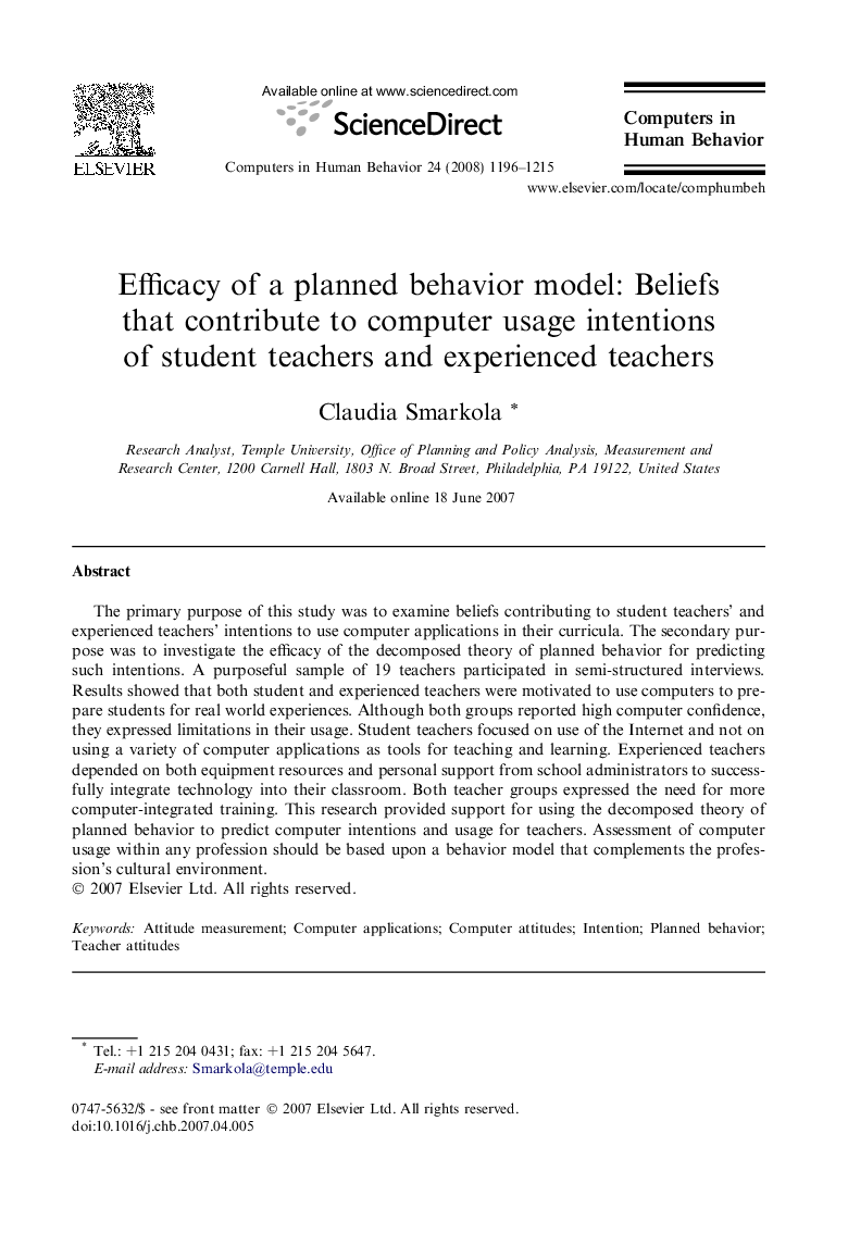 Efficacy of a planned behavior model: Beliefs that contribute to computer usage intentions of student teachers and experienced teachers