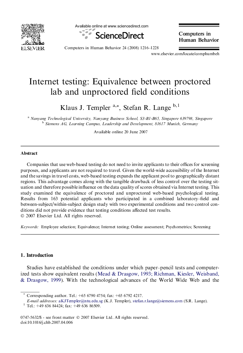 Internet testing: Equivalence between proctored lab and unproctored field conditions