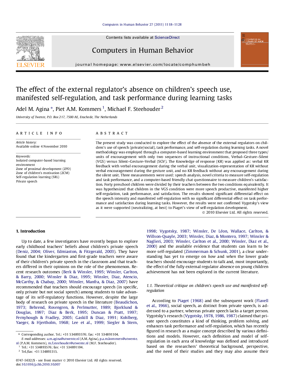 The effect of the external regulator’s absence on children’s speech use, manifested self-regulation, and task performance during learning tasks