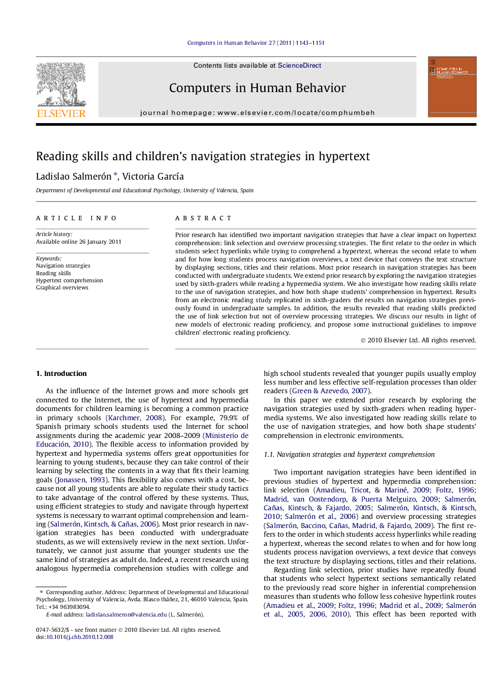 Reading skills and children’s navigation strategies in hypertext