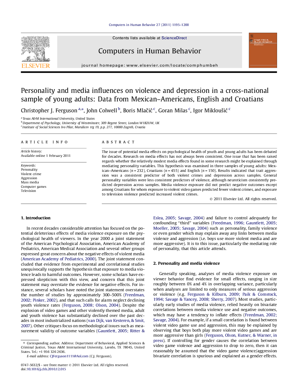 Personality and media influences on violence and depression in a cross-national sample of young adults: Data from Mexican–Americans, English and Croatians