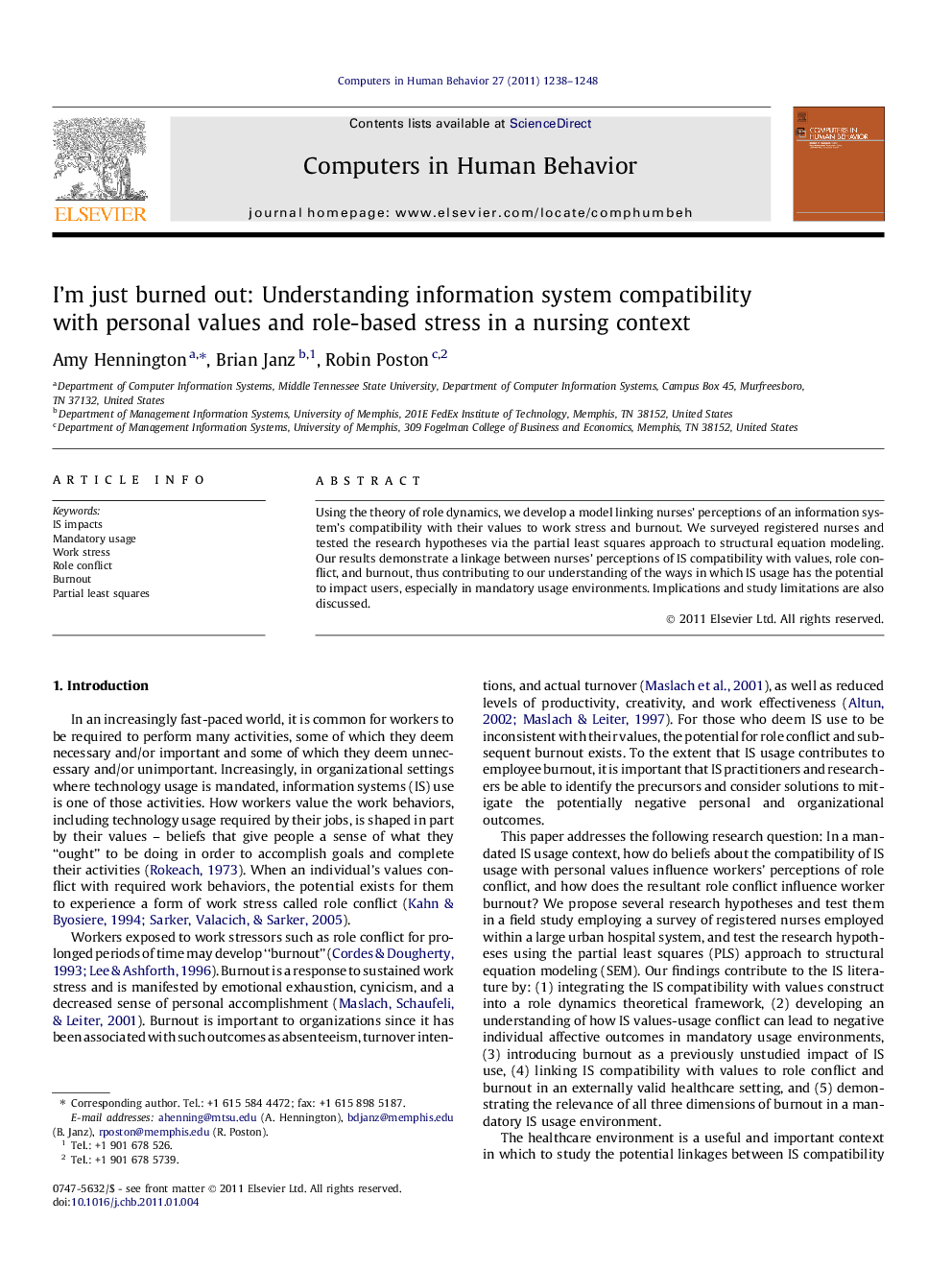 عکس صفحه اول مقاله: I’m just burned out: Understanding information system compatibility with personal values and role-based stress in a nursing context I’m just burned out: Understanding information system compatibility with personal values and role-based stress in a nursing context