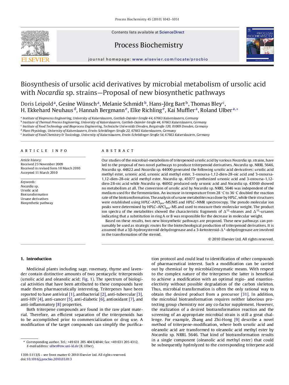 Biosynthesis of ursolic acid derivatives by microbial metabolism of ursolic acid with Nocardia sp. strains—Proposal of new biosynthetic pathways