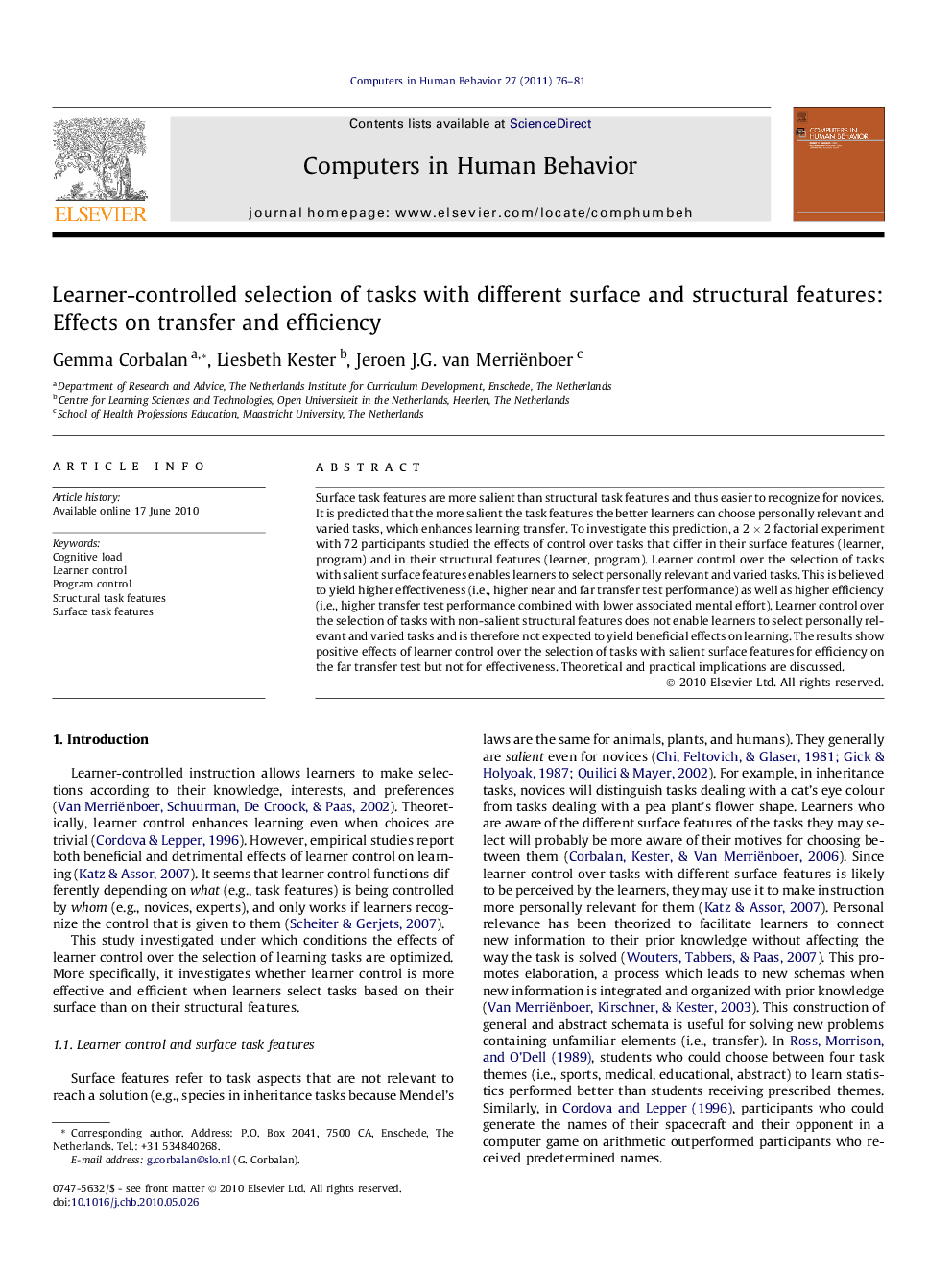 Learner-controlled selection of tasks with different surface and structural features: Effects on transfer and efficiency