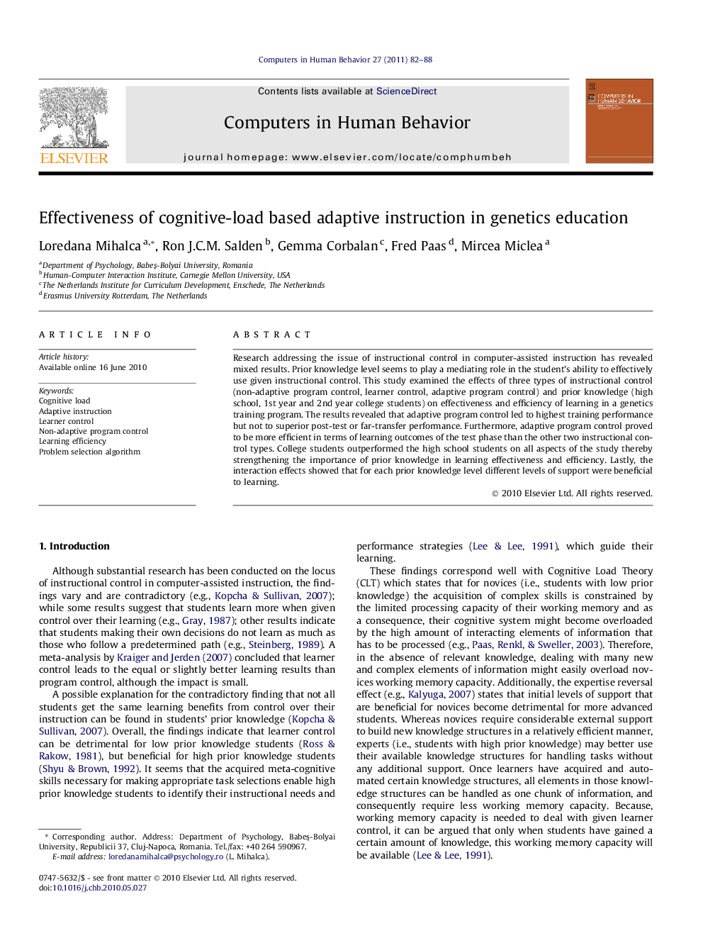 Effectiveness of cognitive-load based adaptive instruction in genetics education