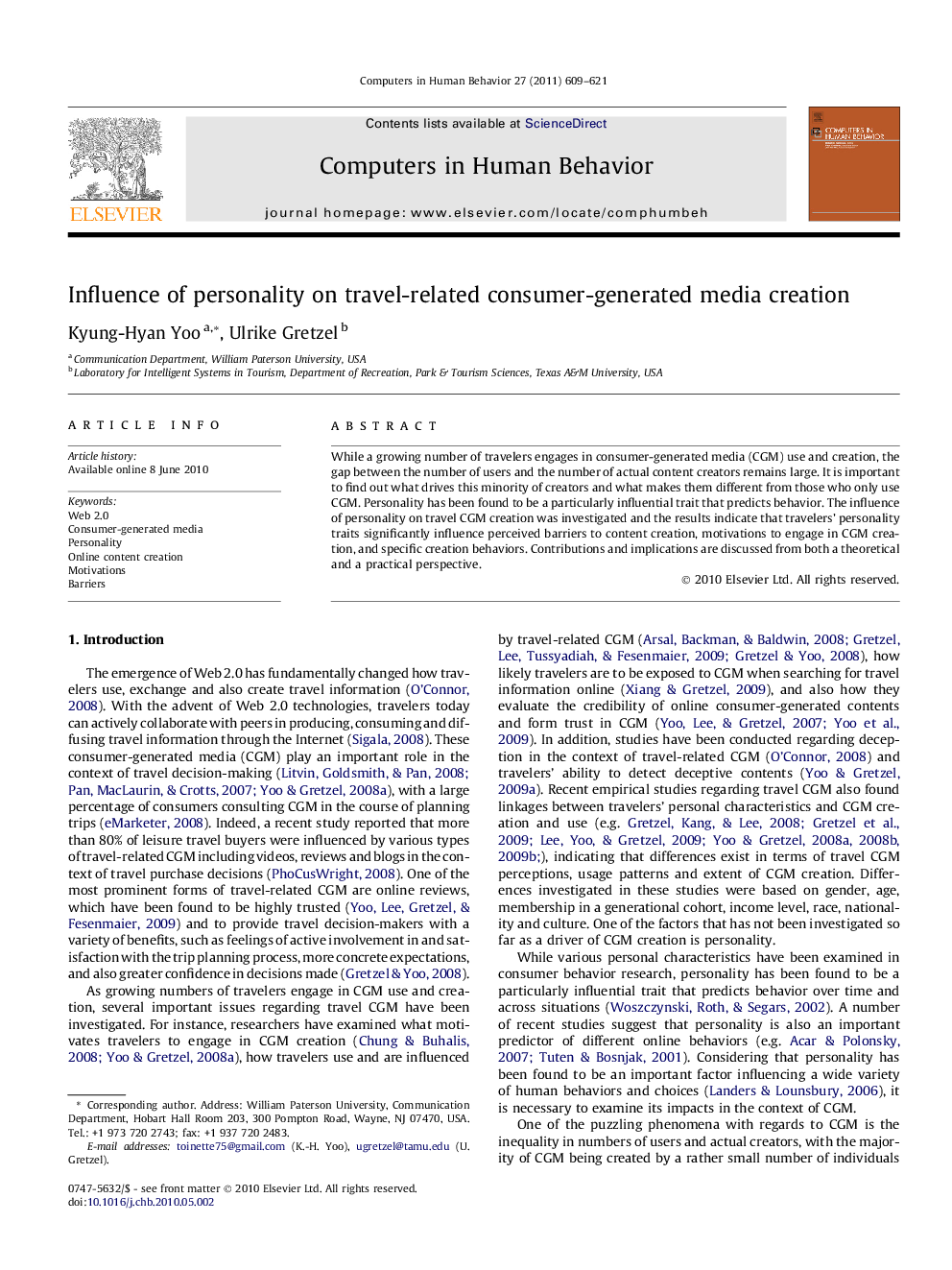 Influence of personality on travel-related consumer-generated media creation