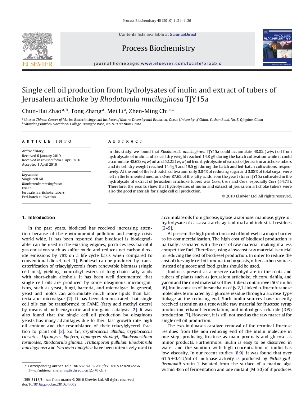 Single cell oil production from hydrolysates of inulin and extract of tubers of Jerusalem artichoke by Rhodotorula mucilaginosa TJY15a