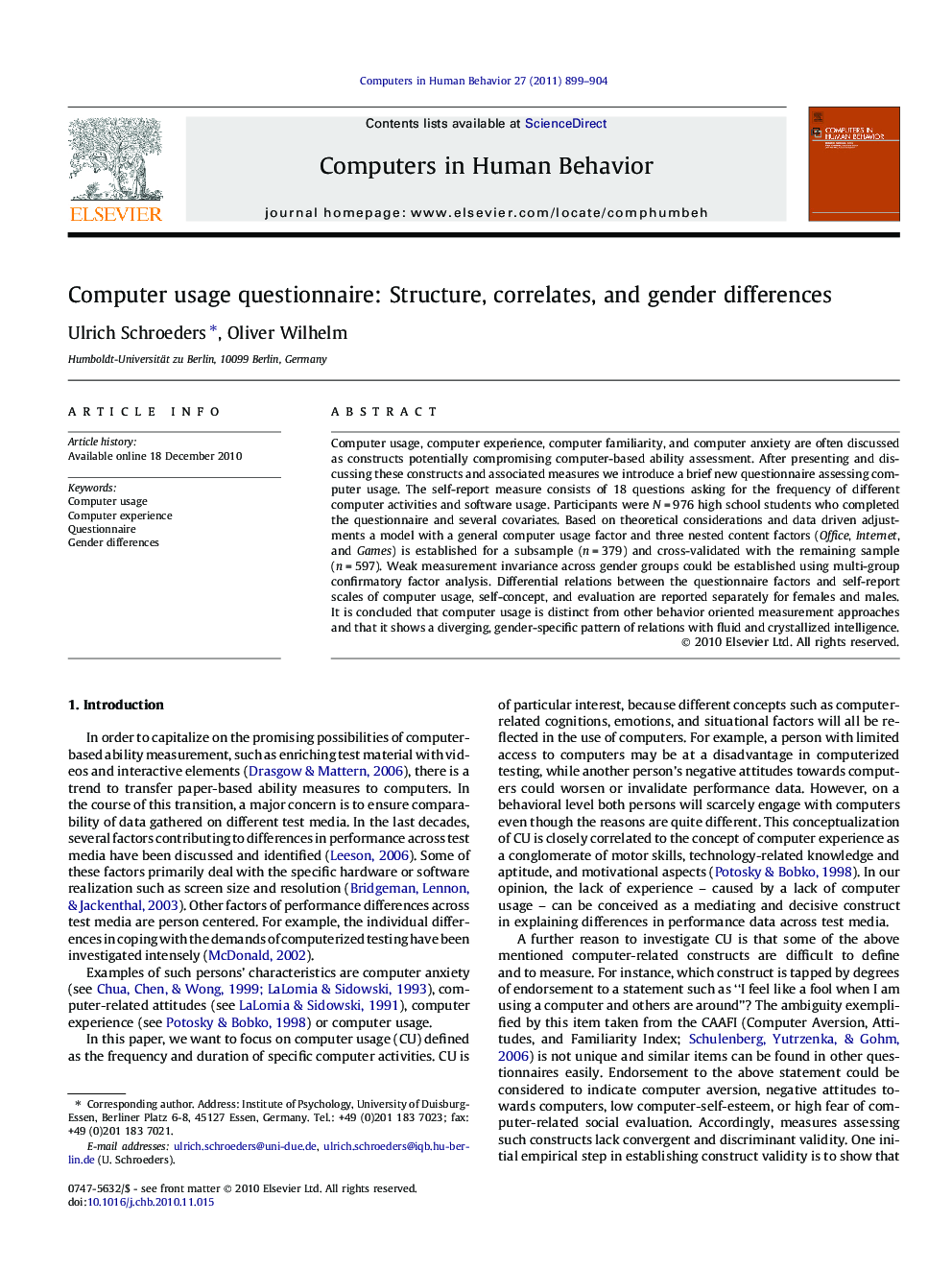 Computer usage questionnaire: Structure, correlates, and gender differences