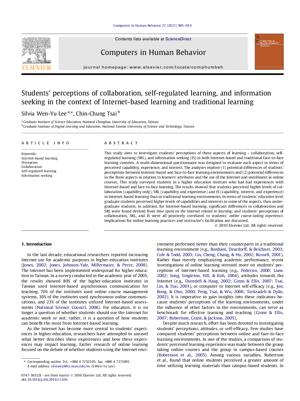 Students’ perceptions of collaboration, self-regulated learning, and information seeking in the context of Internet-based learning and traditional learning