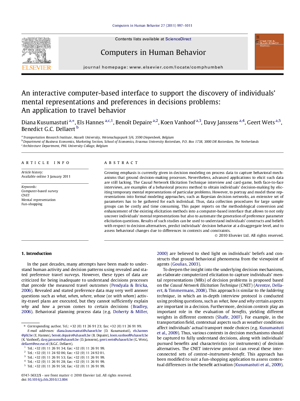 An interactive computer-based interface to support the discovery of individuals’ mental representations and preferences in decisions problems: An application to travel behavior