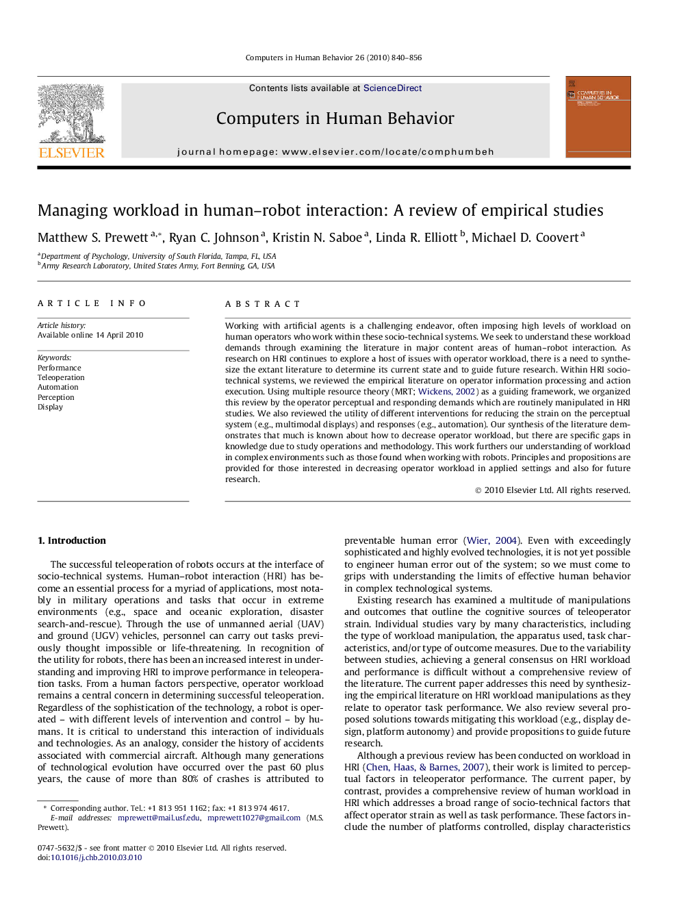 Managing workload in human–robot interaction: A review of empirical studies