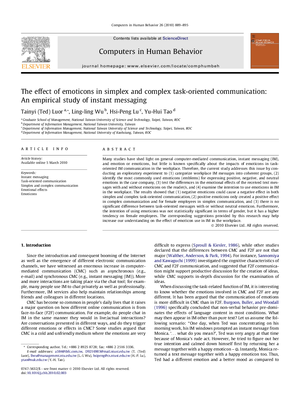 The effect of emoticons in simplex and complex task-oriented communication: An empirical study of instant messaging