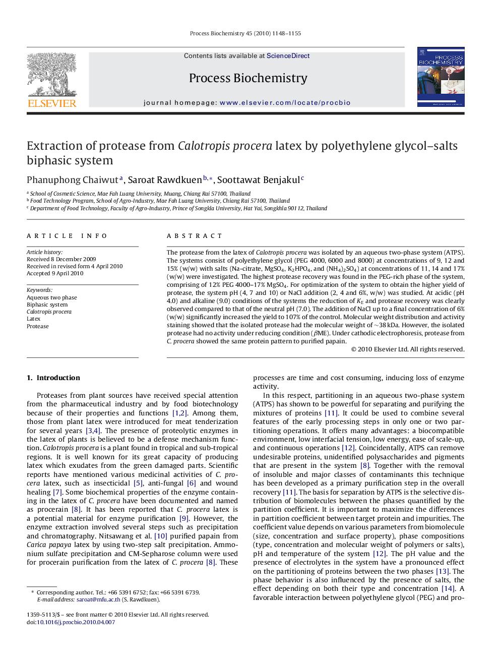 Extraction of protease from Calotropis procera latex by polyethylene glycol–salts biphasic system