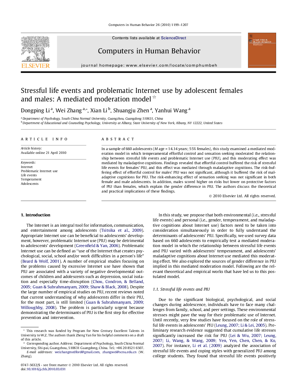 Stressful life events and problematic Internet use by adolescent females and males: A mediated moderation model