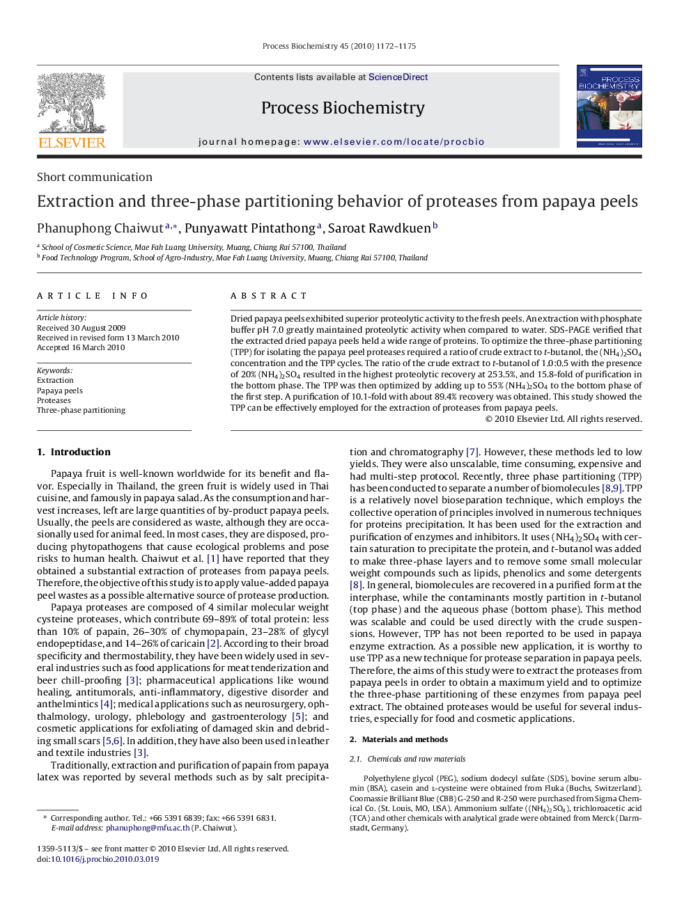 Extraction and three-phase partitioning behavior of proteases from papaya peels