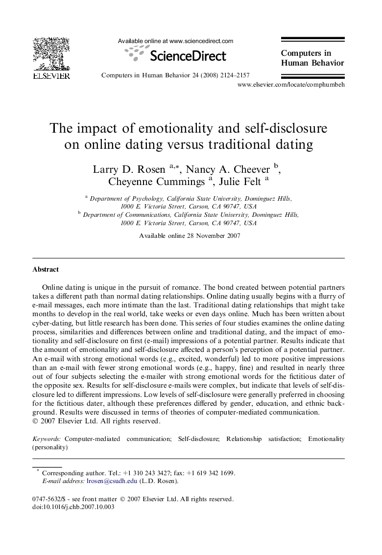 The impact of emotionality and self-disclosure on online dating versus traditional dating