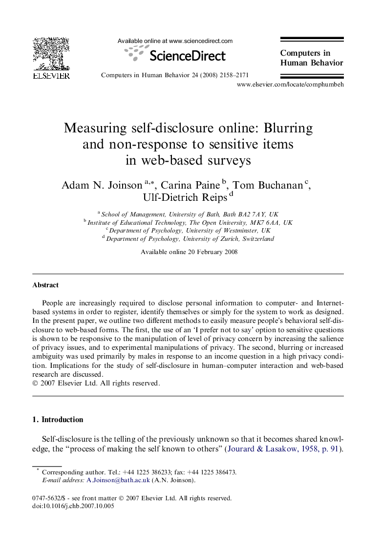 Measuring self-disclosure online: Blurring and non-response to sensitive items in web-based surveys