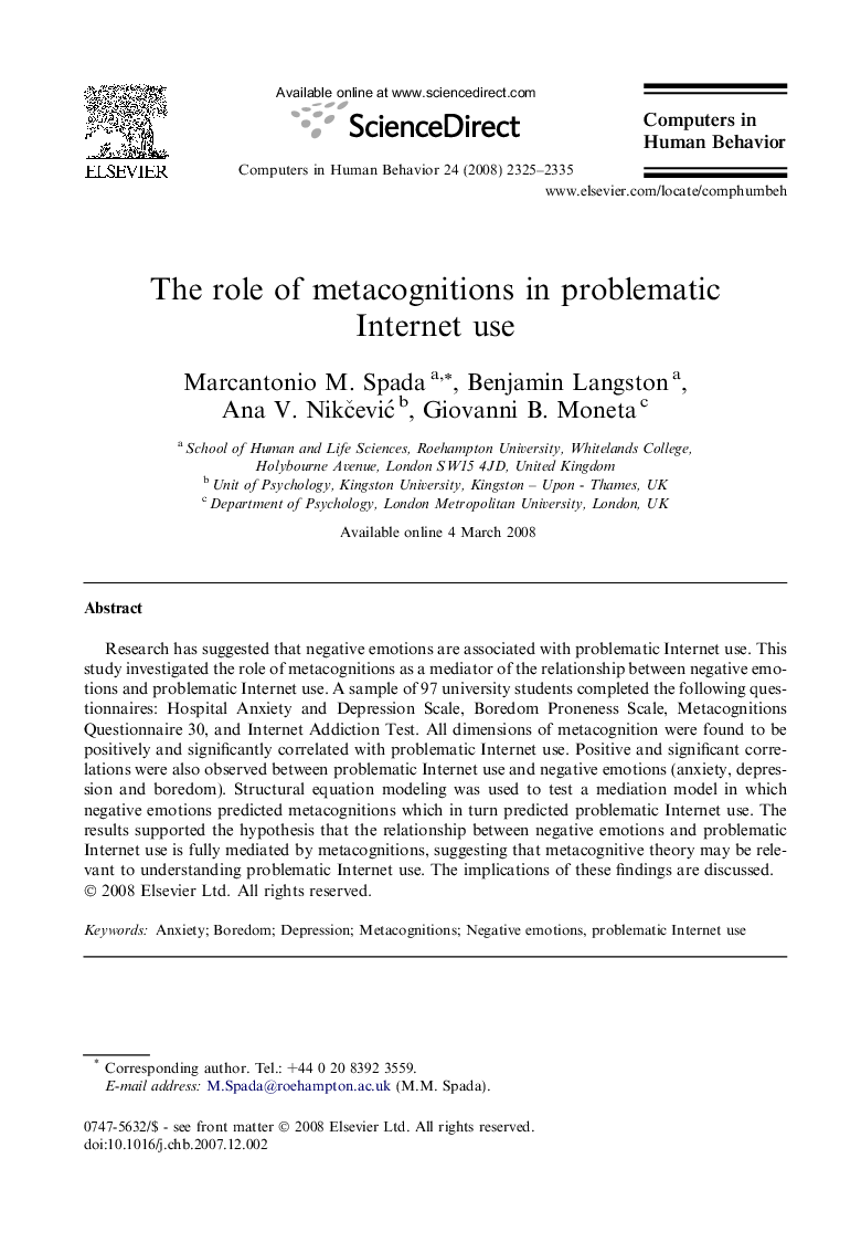 The role of metacognitions in problematic Internet use