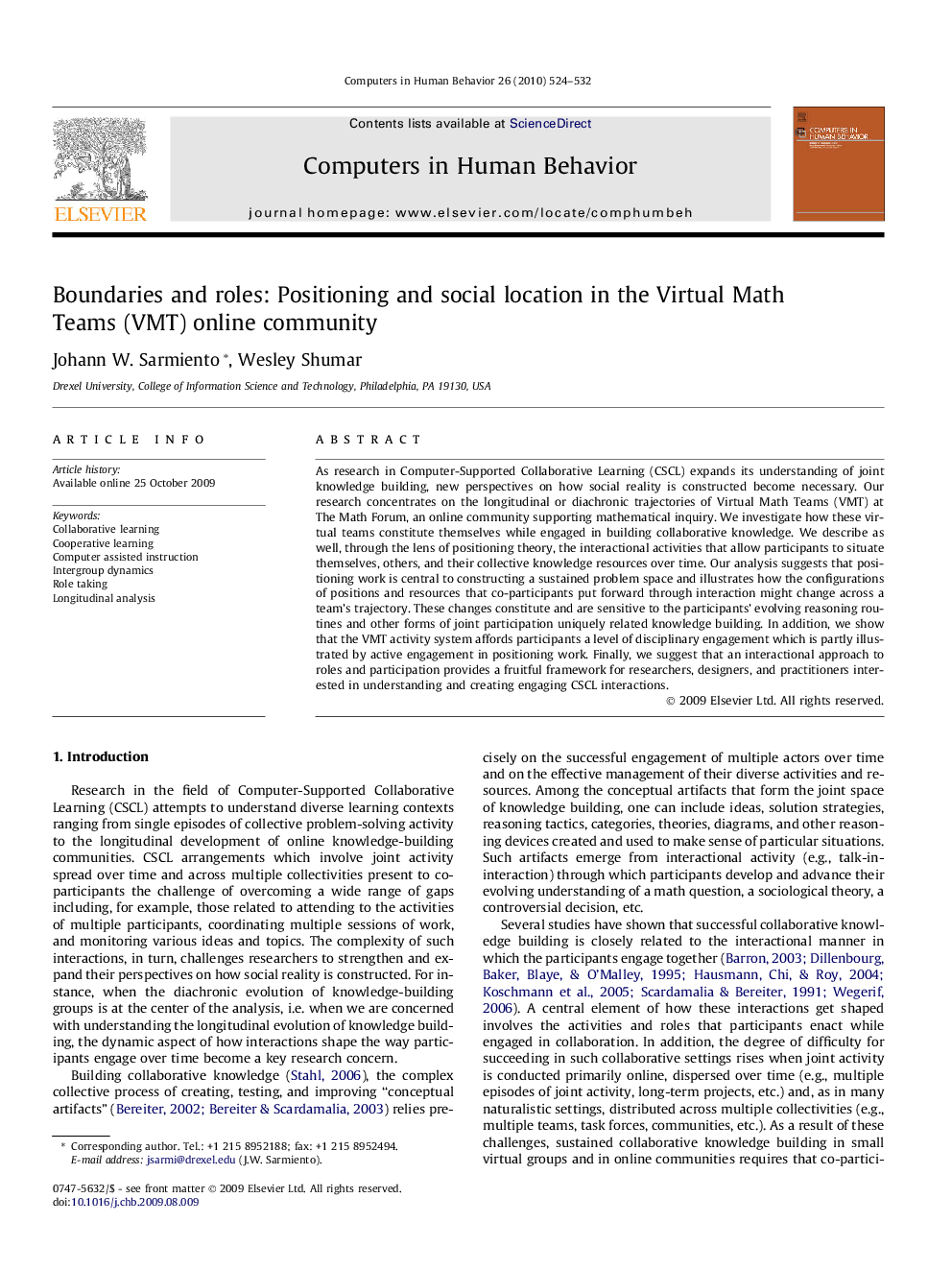 Boundaries and roles: Positioning and social location in the Virtual Math Teams (VMT) online community