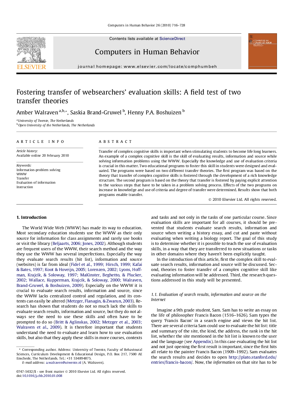 Fostering transfer of websearchers’ evaluation skills: A field test of two transfer theories