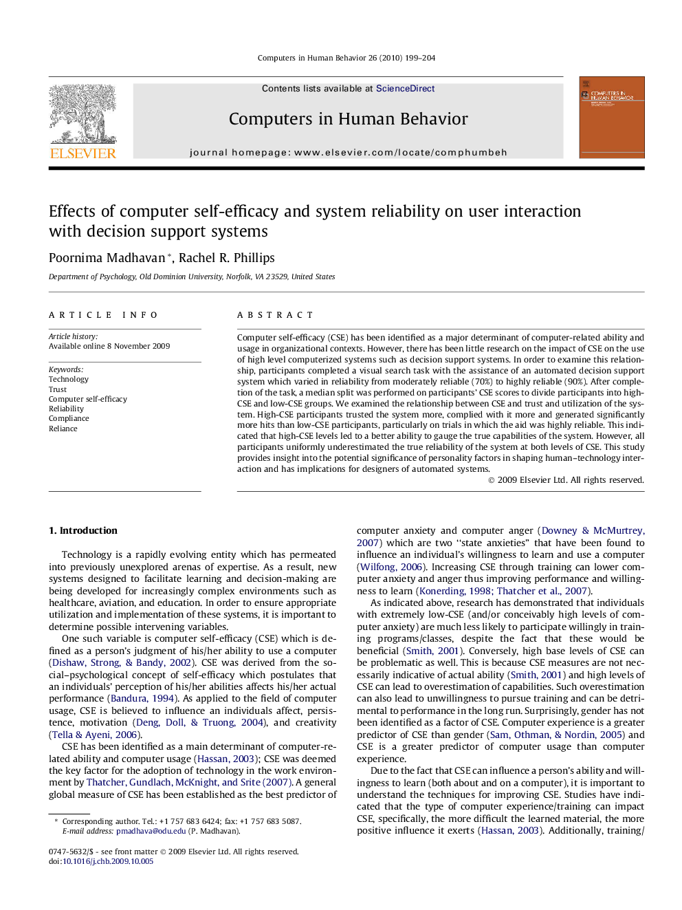 Effects of computer self-efficacy and system reliability on user interaction with decision support systems