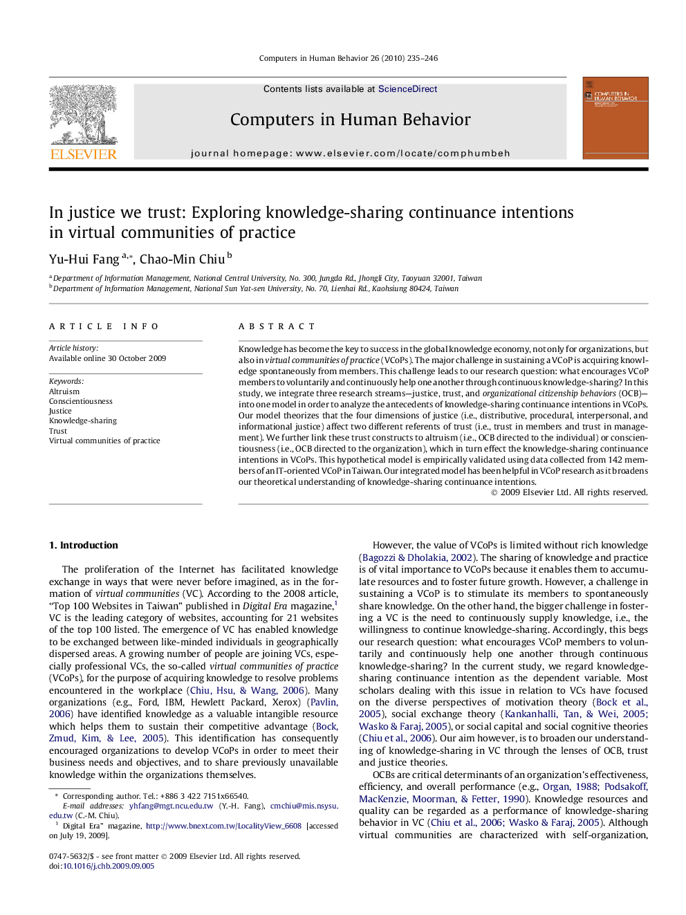 In justice we trust: Exploring knowledge-sharing continuance intentions in virtual communities of practice