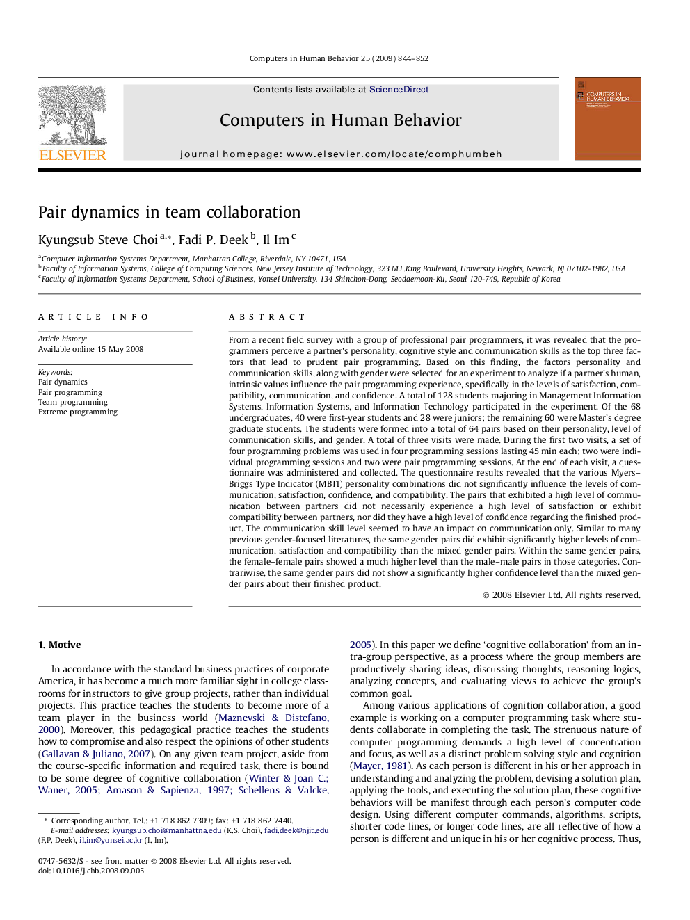 Pair dynamics in team collaboration