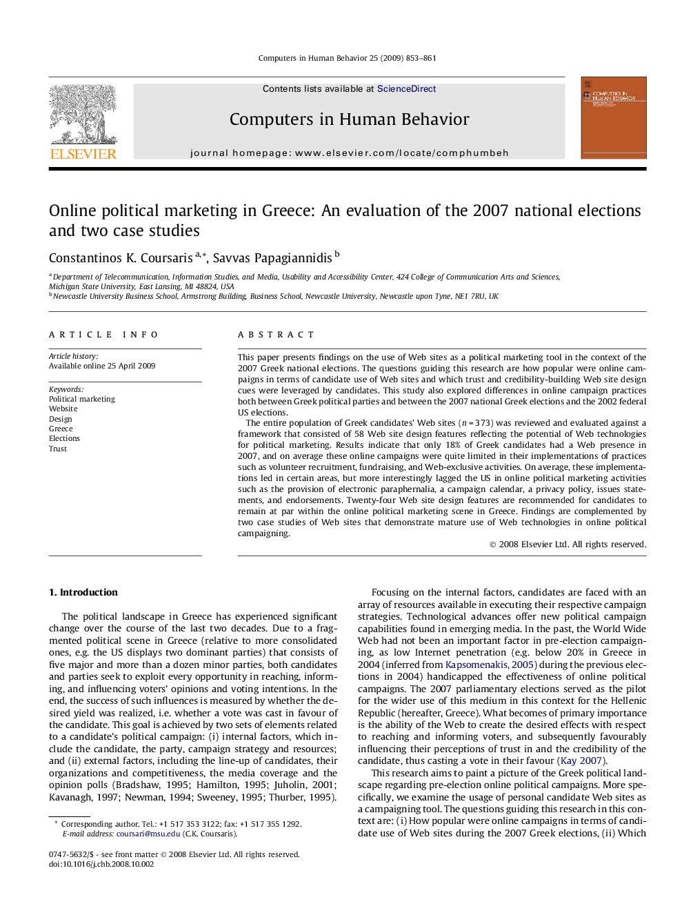 Online political marketing in Greece: An evaluation of the 2007 national elections and two case studies