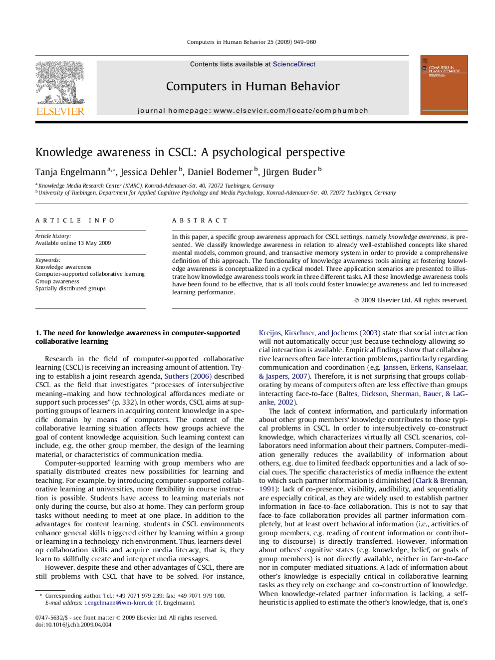 Knowledge awareness in CSCL: A psychological perspective