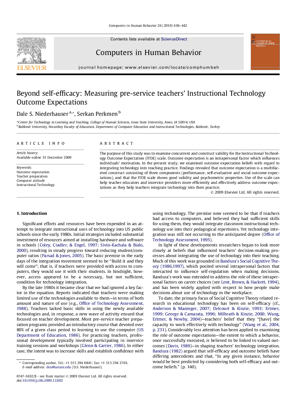 Beyond self-efficacy: Measuring pre-service teachers’ Instructional Technology Outcome Expectations