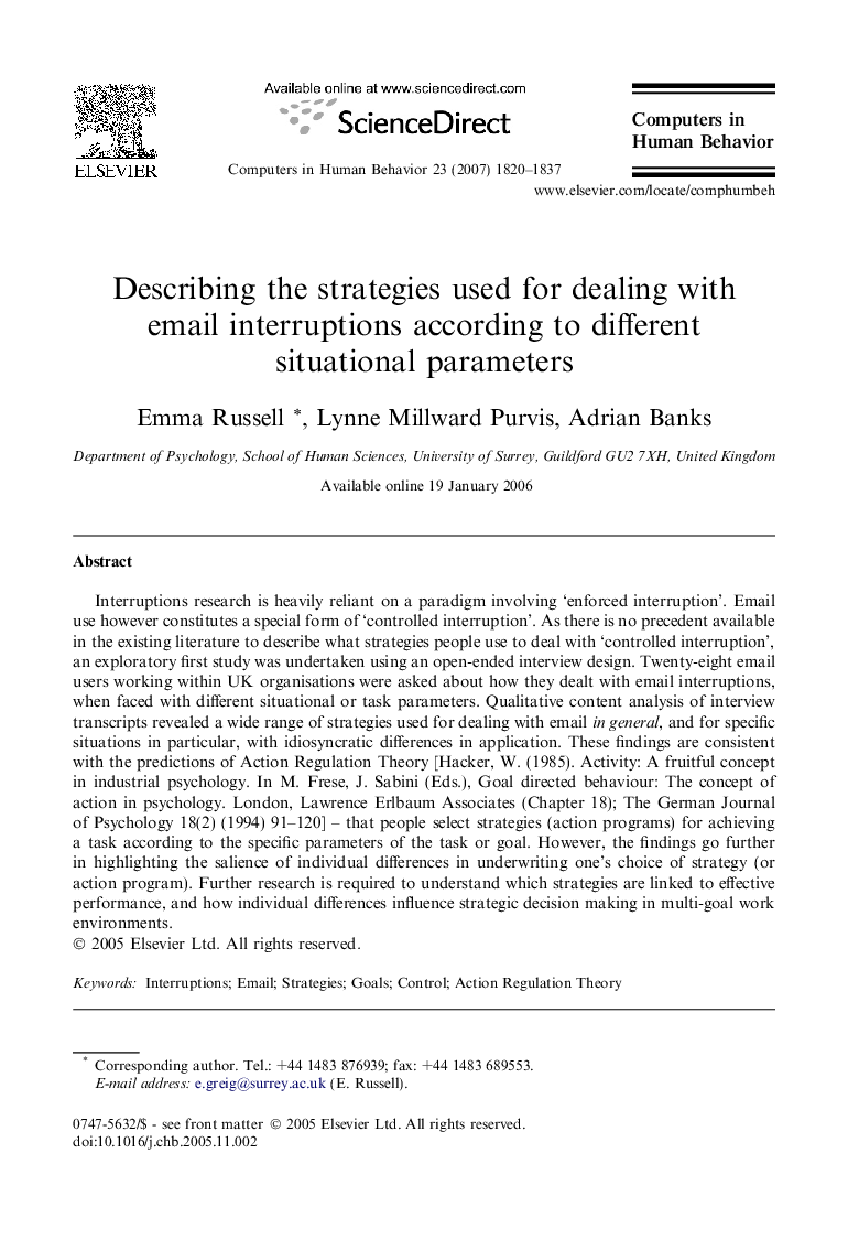 Describing the strategies used for dealing with email interruptions according to different situational parameters