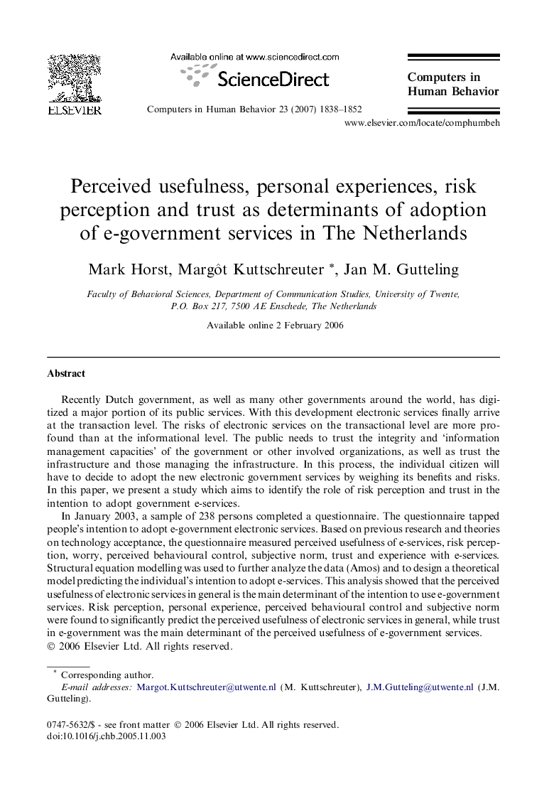 Perceived usefulness, personal experiences, risk perception and trust as determinants of adoption of e-government services in The Netherlands