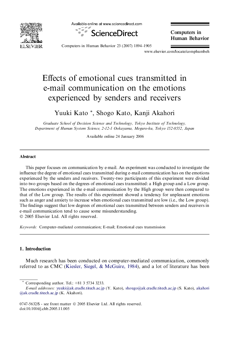 Effects of emotional cues transmitted in e-mail communication on the emotions experienced by senders and receivers
