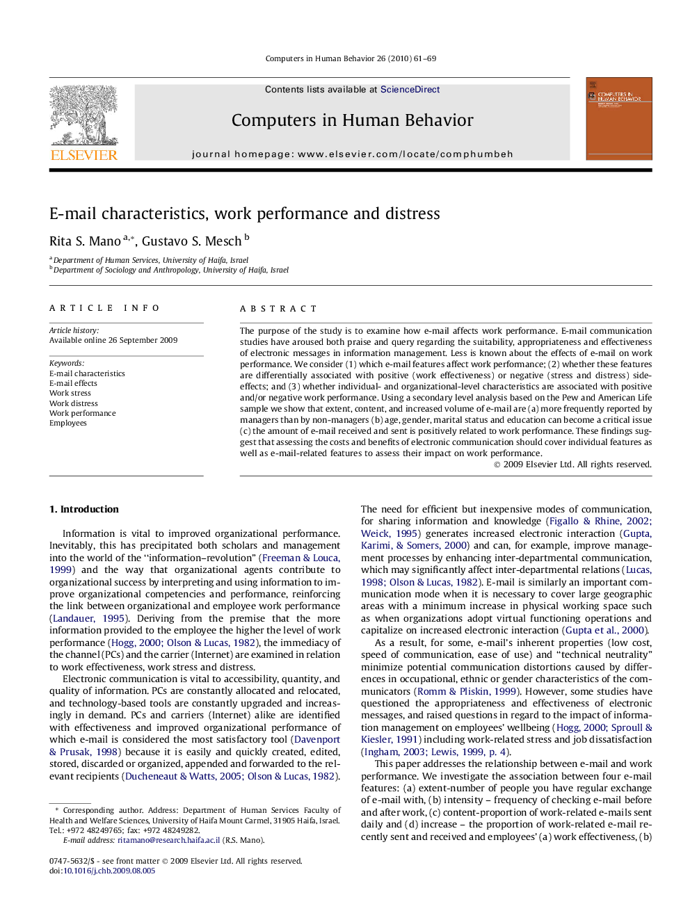 E-mail characteristics, work performance and distress