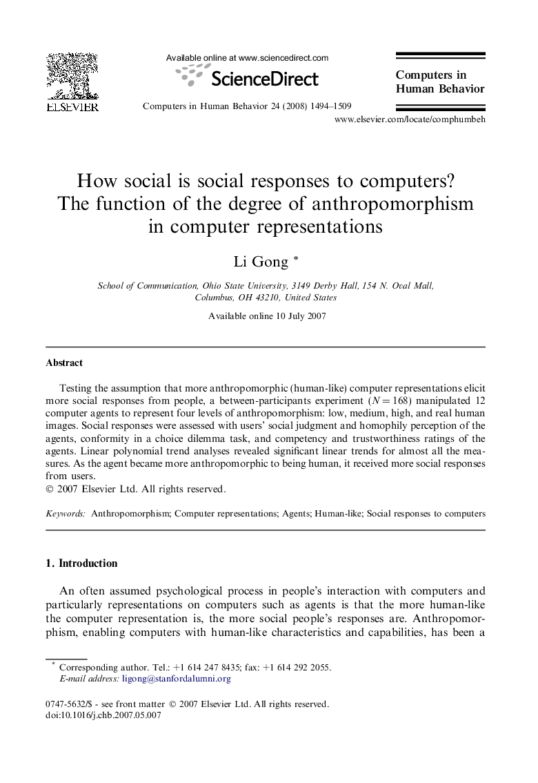 How social is social responses to computers? The function of the degree of anthropomorphism in computer representations
