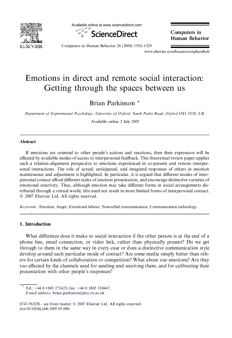 Emotions in direct and remote social interaction: Getting through the spaces between us